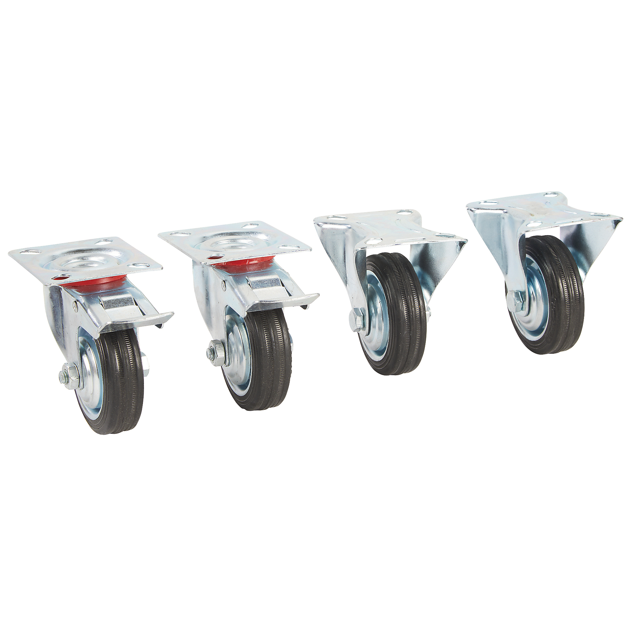 Klutch 3in. Rigid Casters and Swivel Casters with Brakes, 4-Pk., 440-Lb. Capacity Per Set